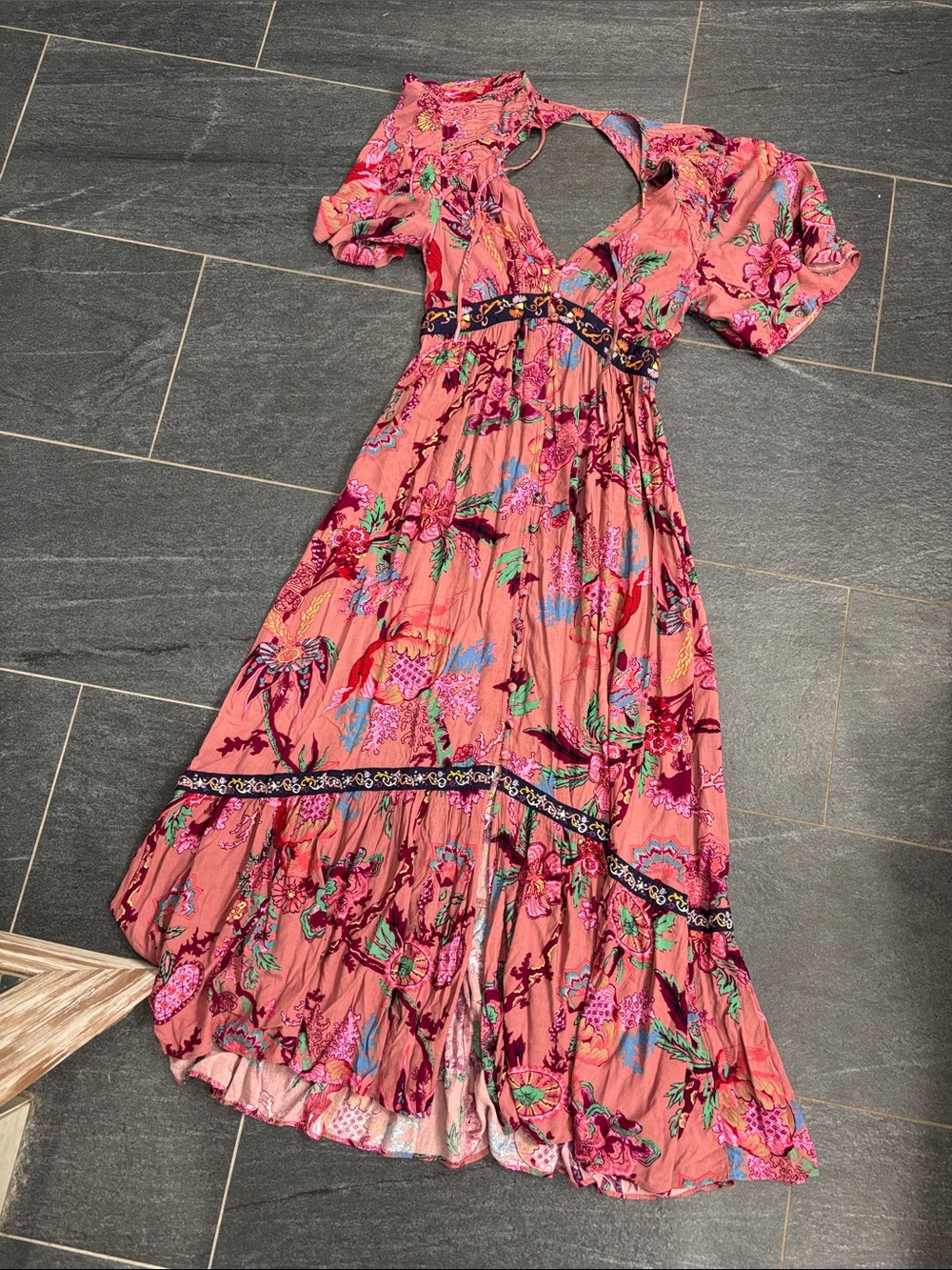 Anthropologie Floral Button front Tie-Neck Maxi Dress